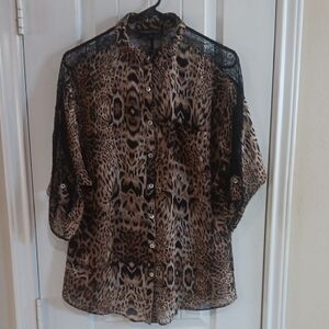 Wishful Park Leopard Print Top with Lace Accent Button Sleeve & Back Shoulder